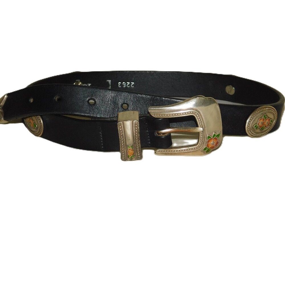 Tory English Bridle Leather Belt With Silver Tone Buckle & Accents Size 26